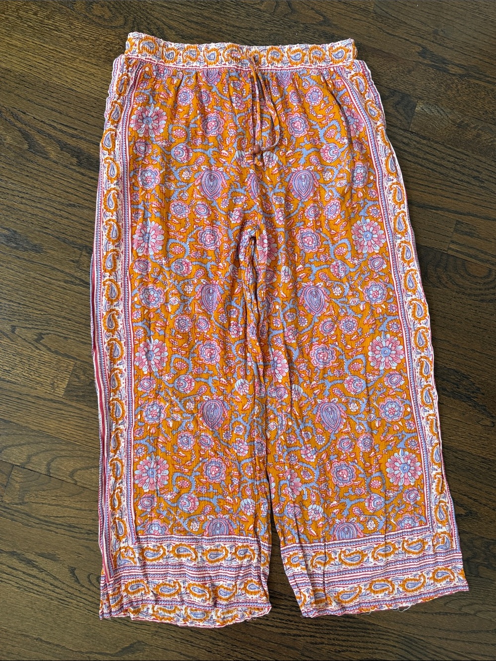 Women's Orange Floral Cropped Wide-Leg Pants Size M